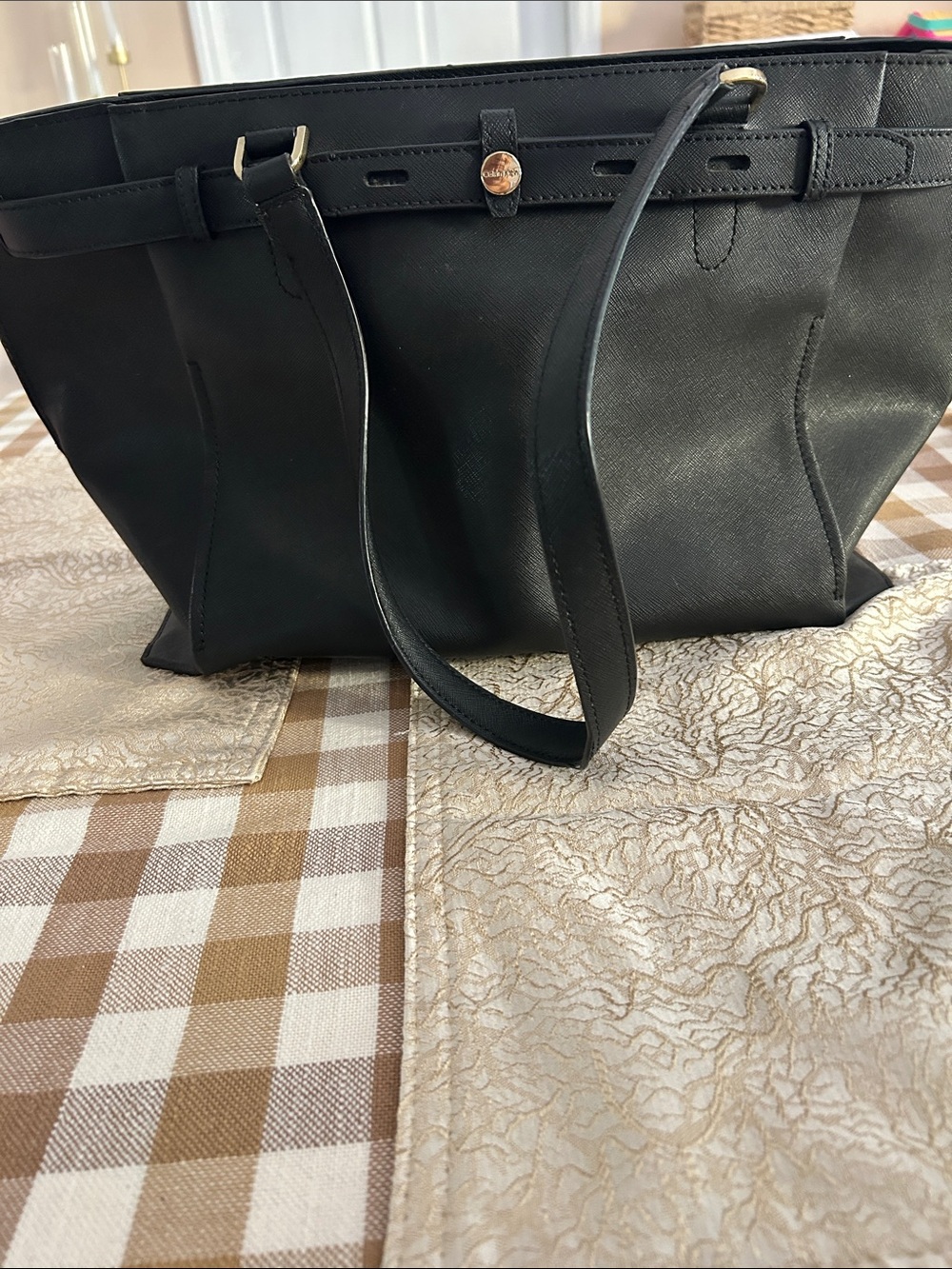 Calvin Klein Black Leather Tote with Gold-Tone Accent